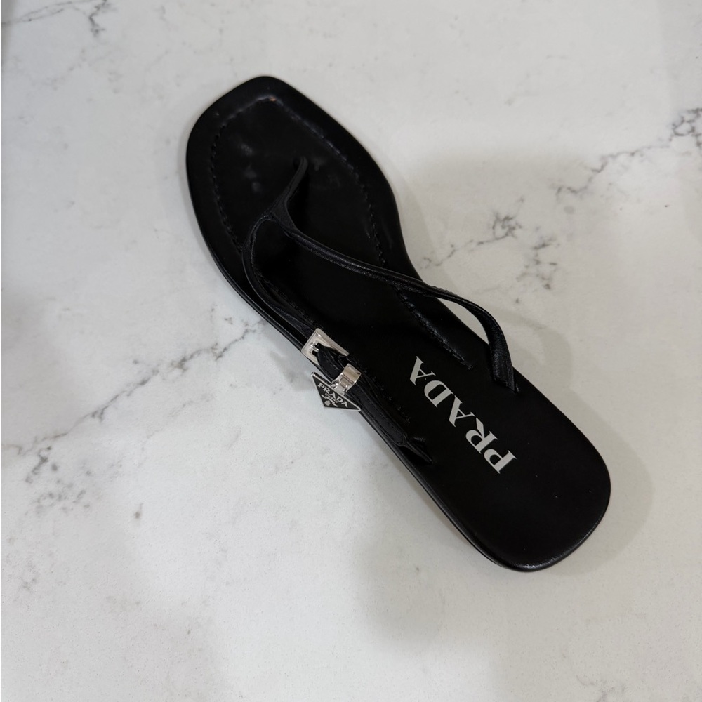 Prada Black Thong Sandals with Silver Logo Charm - Picture 3 of 6